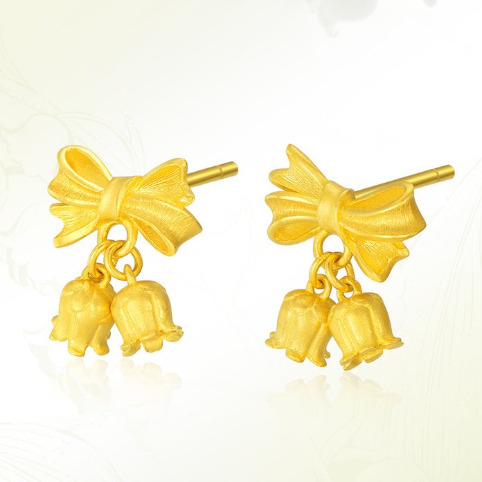 Happy Flower Wedding Series 24K Gold Bow Knot Lily of the Valley Flower Earrings