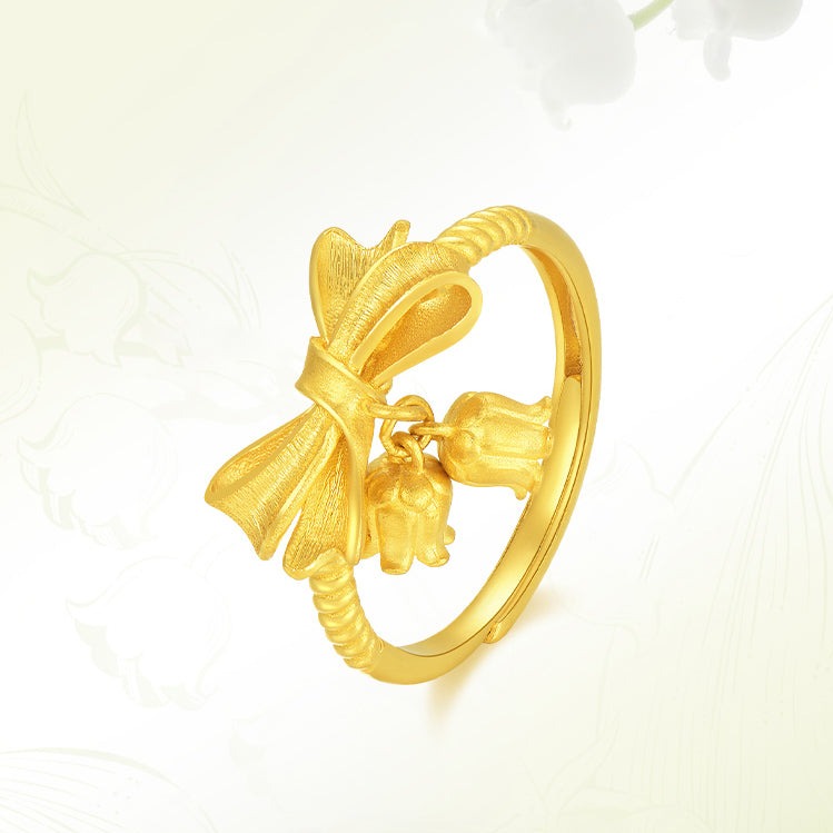 24K Gold Bow Knot Lily of the Valley Flower Ring