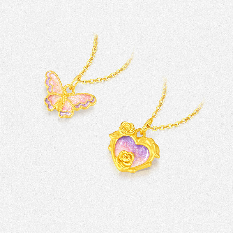 24K Gold Luminous Enamel Fantasy Butterfly Heart Necklace Pendant