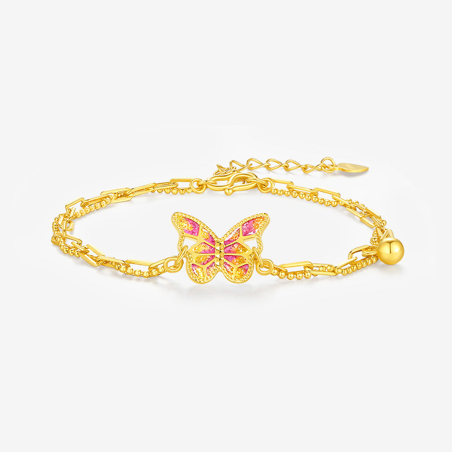 925 Silver Gold Plated Enamel Pink Butterfly Bracelet