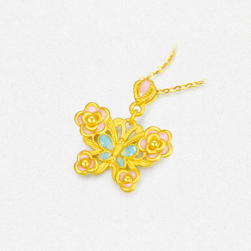 Twelve Gods of Flowers Series 24K Gold Enamel Camellia Butterfly Necklace Pendant