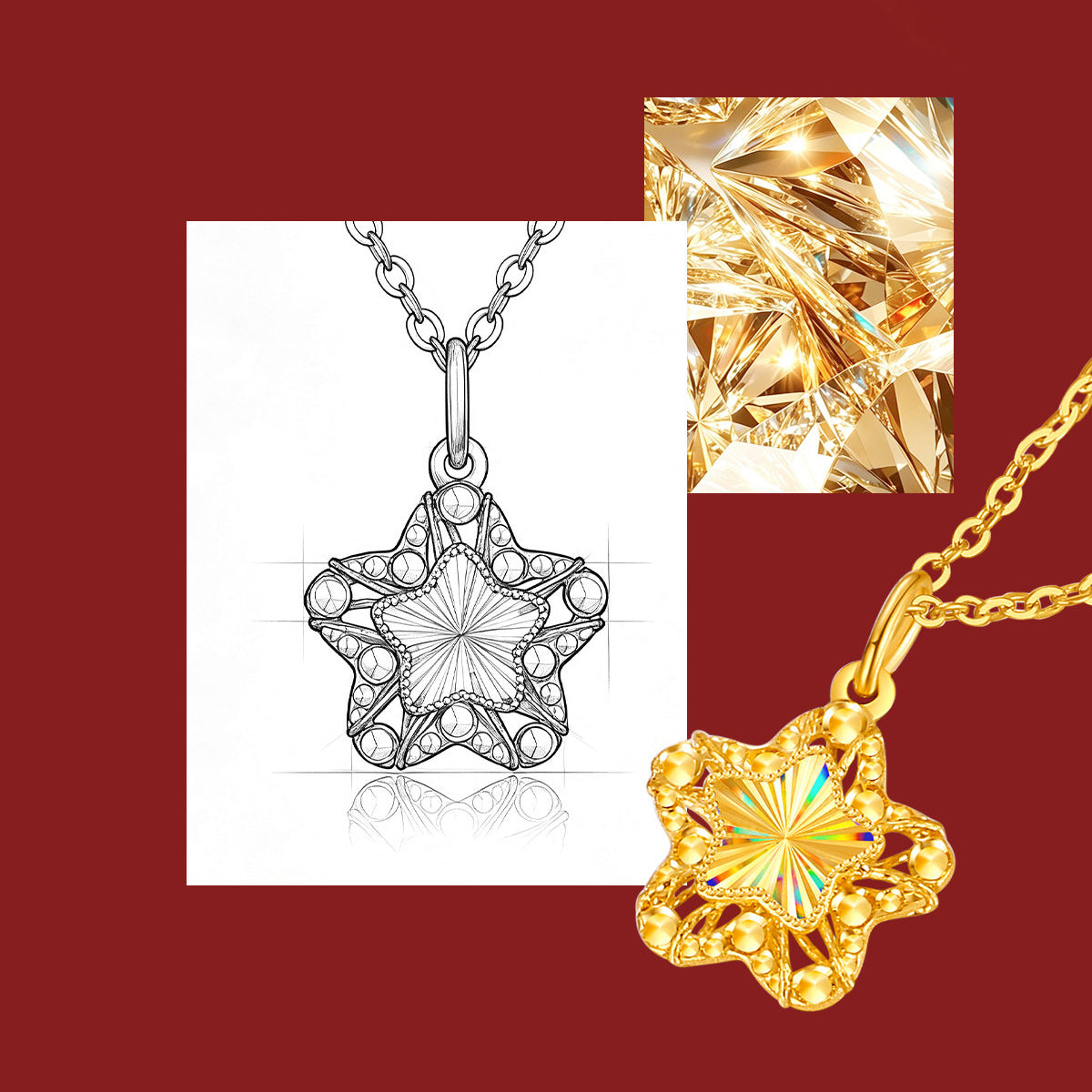 ChowTaiSeng 24K gold wishing star pendant design collage — sketch blueprint, iridescent gold light texture close-up, and finished pendant with aurora laser-engraved centre, red background
