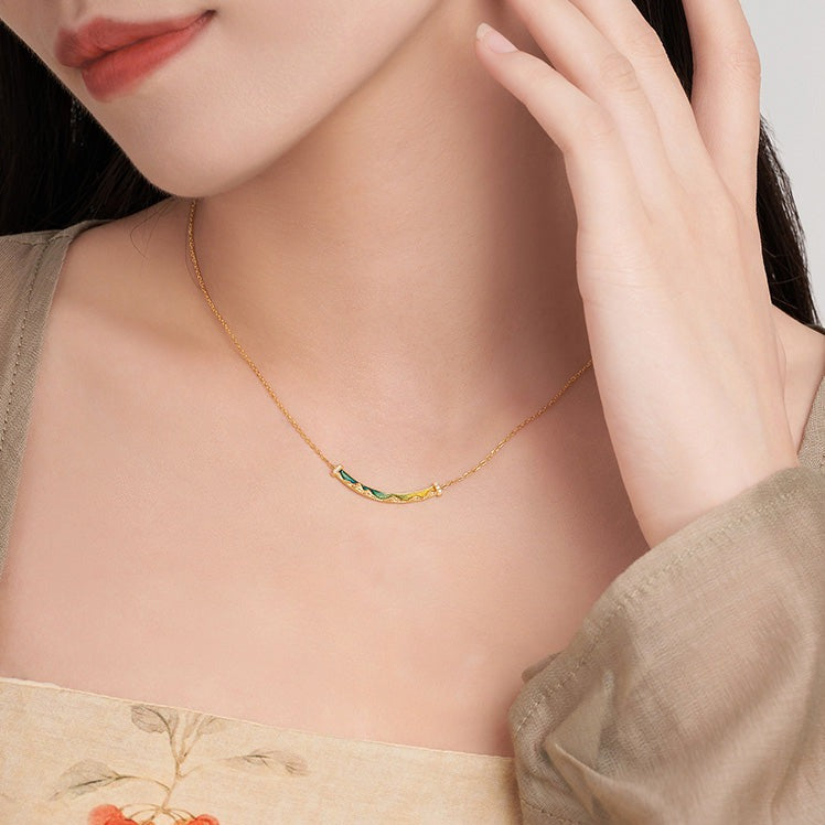 A Grand Panorama of Rivers and Mountains Series 24K Gold Enamel Diamond Arc Bar Necklace