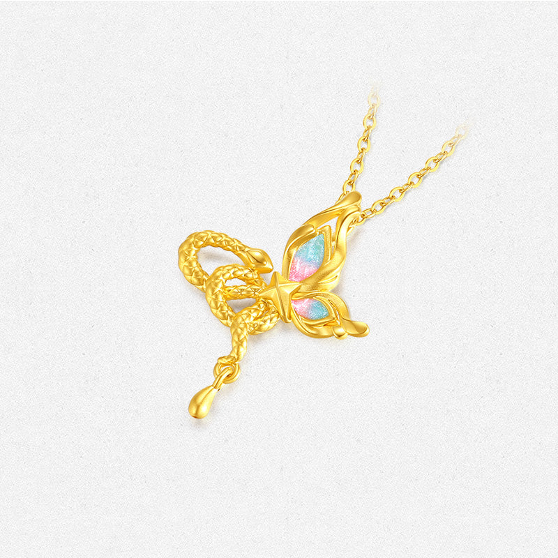 24K Gold Snake and Butterfly Dancing Pendant