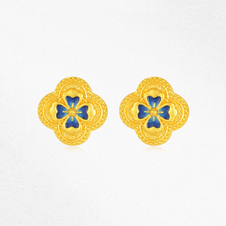 Oriental Blue and White Series 24K Gold Blue Clover Earrings