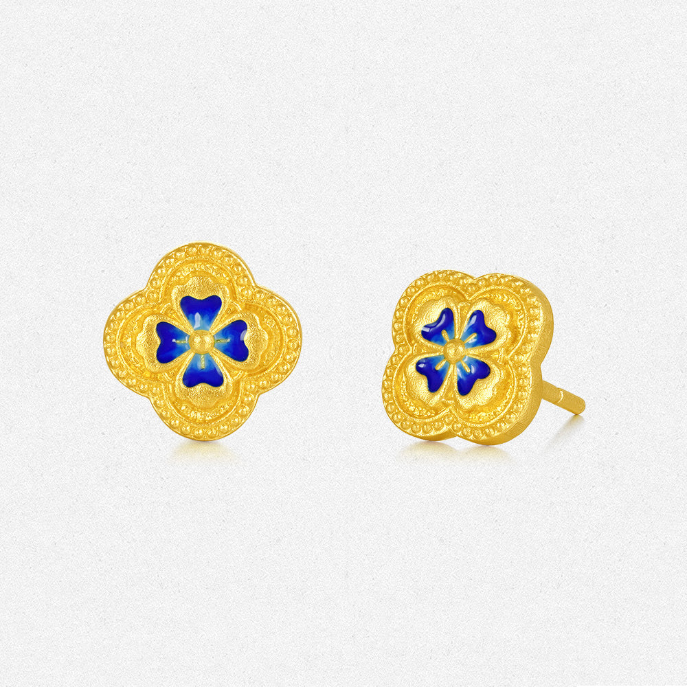 Oriental Blue and White Series 24K Gold Blue Clover Earrings