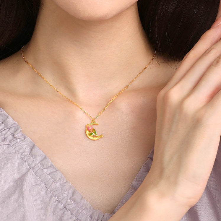 Monet Garden Series 24K Gold Tulip and Half Moon Necklace