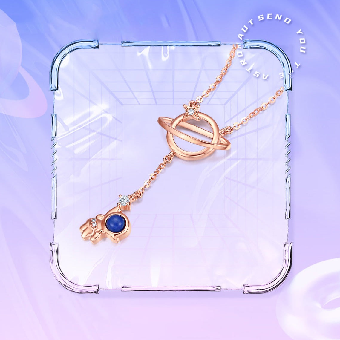 Shining Girl Series 18K Rose Gold Diamond Lapis Lazuli Astronaut Planet Necklace