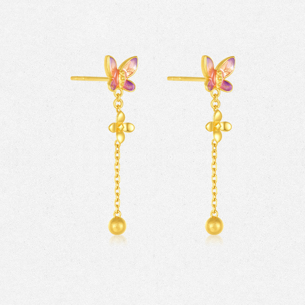 Twelve Gods of Flowers Series 24K Gold Butterfly Love Flower Drop Earrings