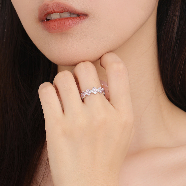 S925 Silver Zircon Pink Clover Open Ring