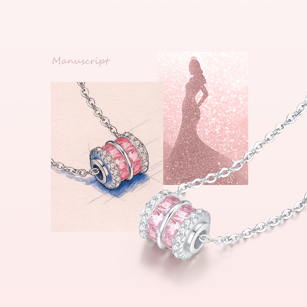 ChowTaiSeng pink zircon barrel necklace design manuscript collage — hand-drawn jewelry sketch and pink gown silhouette alongside finished 925 sterling silver pendant on chain, blush pink background