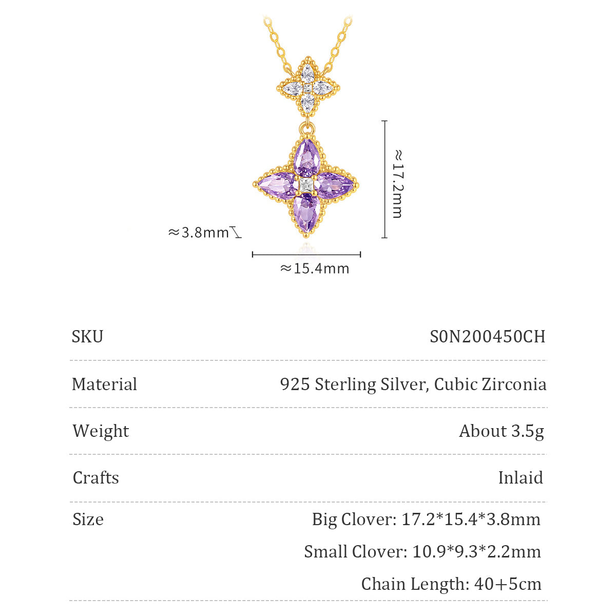 Gold Plated Silver Zircon Purple Lucky Clover Jewelry Set - Necklace & Earrings