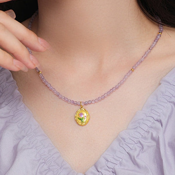 Monet Garden Series 24K Gold Enamel Tulip Amethyst Necklace Pendant