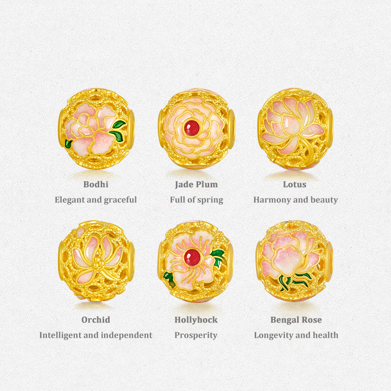 Chinese Cultural Relics Series 24K Gold Luminous Enamel Hundred Flowers Charm Set