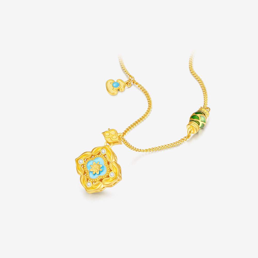 925 Silver Gold Plated Enamel Auspicious Lotus Pond Necklace