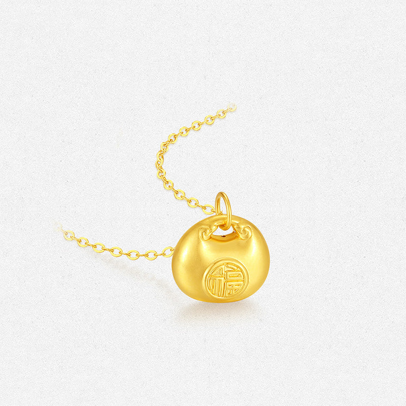 24K Gold Fu Fortune Ingot Necklace Pendant