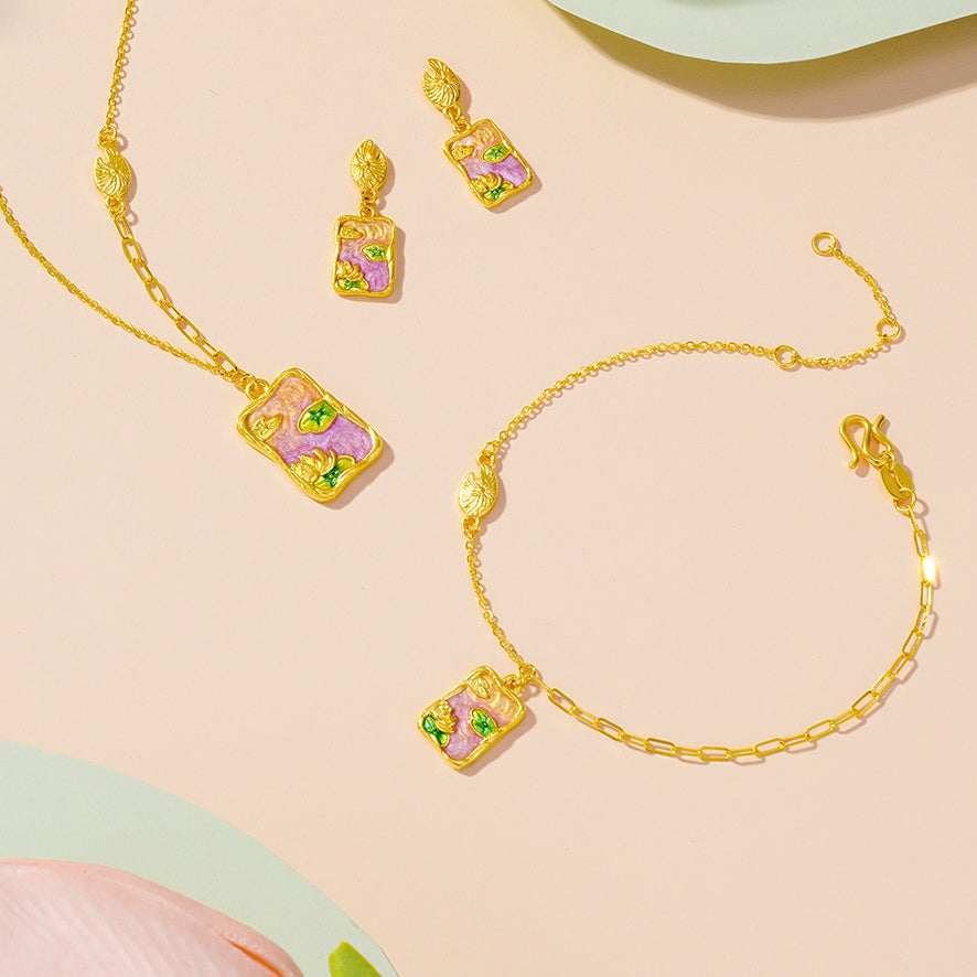Monet Garden Series 24K Gold Enamel Water Lilies Tag Necklace