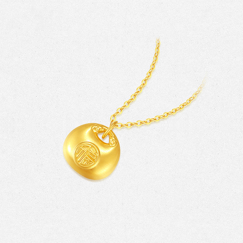 24K Gold Fu Fortune Ingot Necklace Pendant