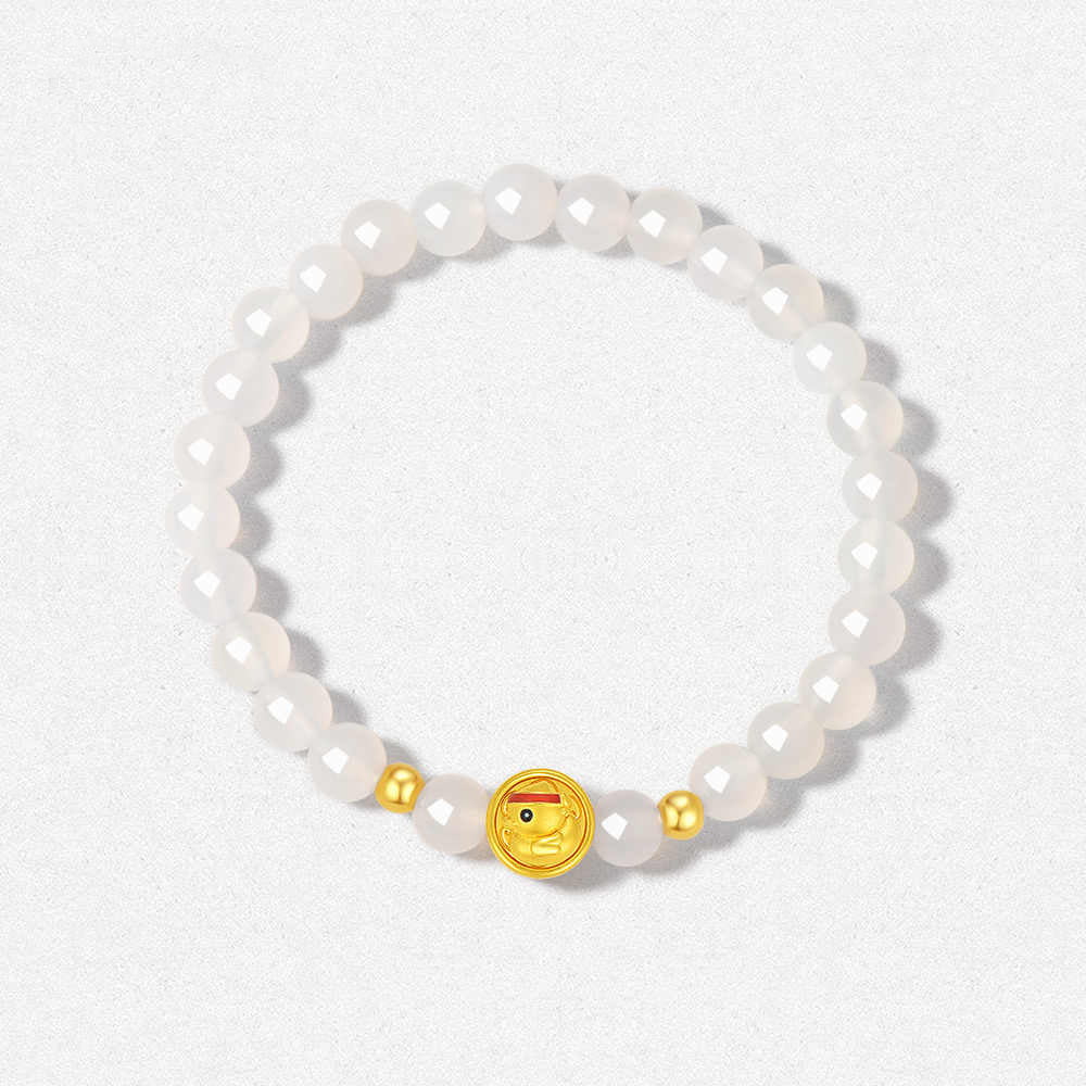 24K Gold Rotatable Cheering Duck Charm White Chalcedony Beaded Bracelet