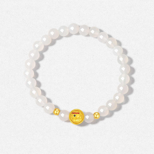 24K Gold Rotatable Cheering Duck Charm White Chalcedony Beaded Bracelet