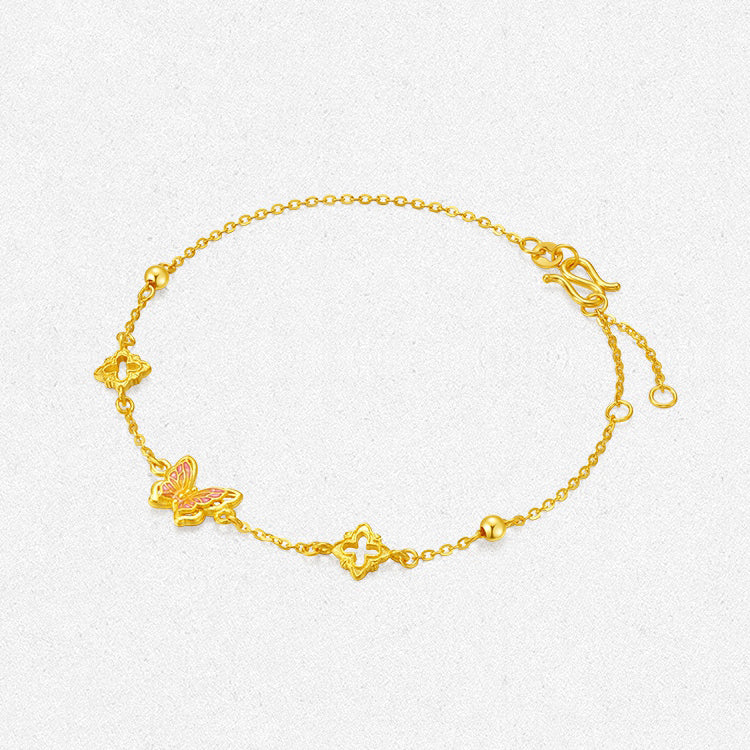 24K Gold Enamel Pink Butterfly and Clover O-chain Bracelet