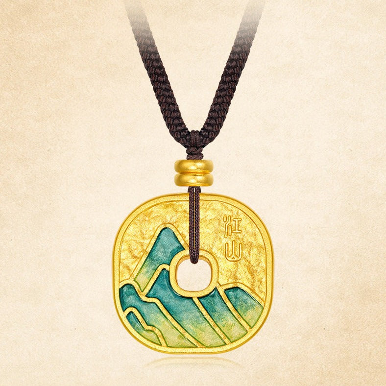 A Grand Panorama of Rivers and Mountains Series 24k Gold Enamel Square Lucky Coin Pendant