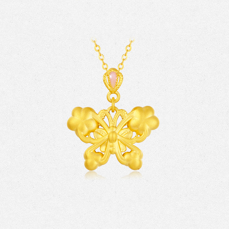 Twelve Gods of Flowers Series 24K Gold Enamel Camellia Butterfly Necklace Pendant