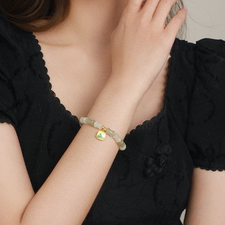 A Grand Panorama of Rivers and Mountains Series 24K Gold Bamboo Shape Hetian Jade Bracelet