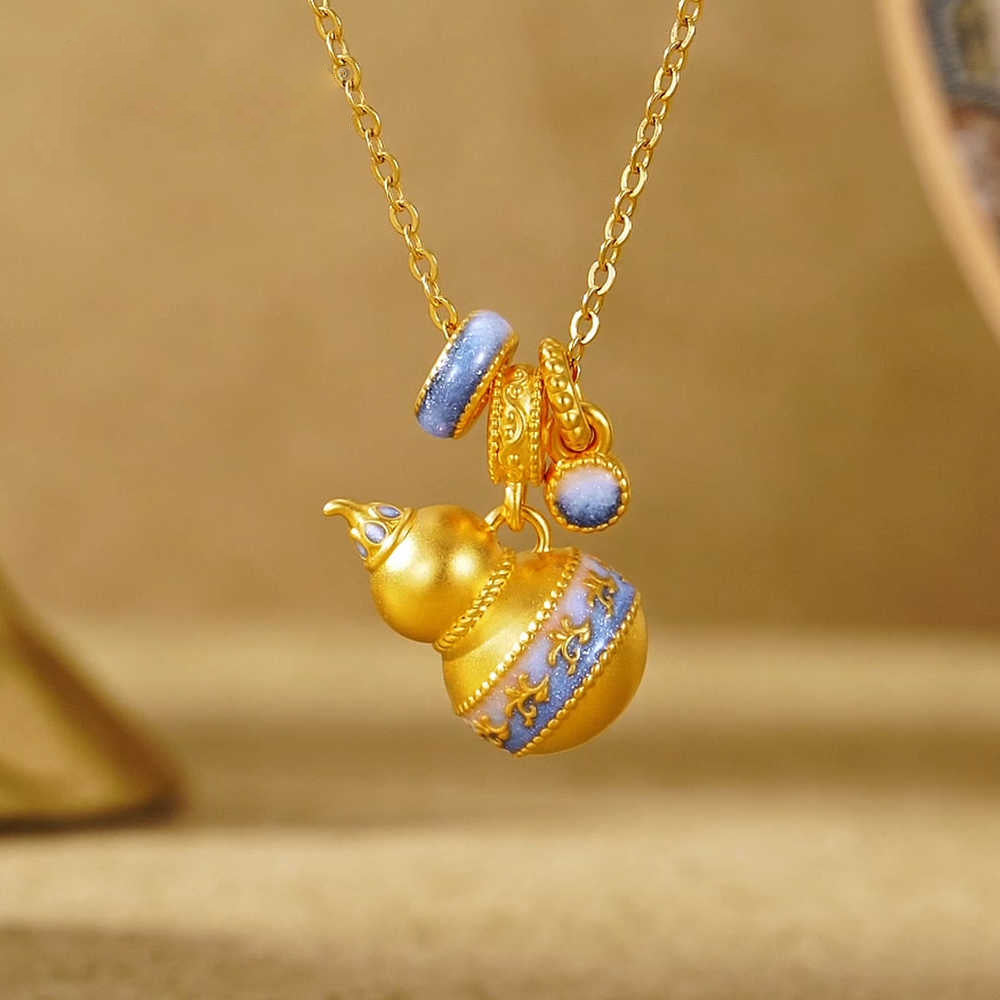 Chinese Cultural Relics Series 24K Gold Luminous Enamel Blue and White Gourd Necklace Pendant