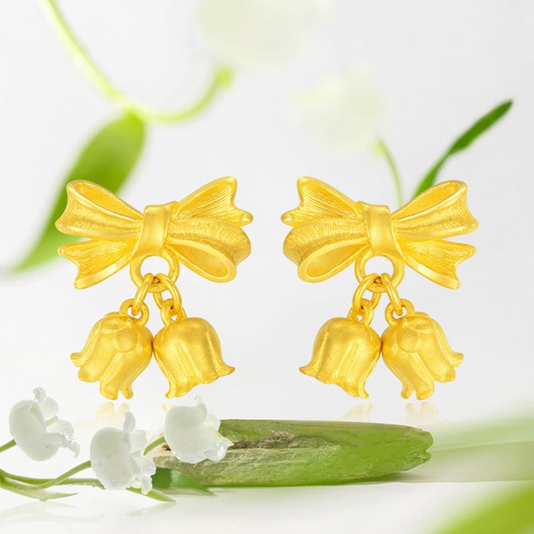 Happy Flower Wedding Series 24K Gold Bow Knot Lily of the Valley Flower Earrings