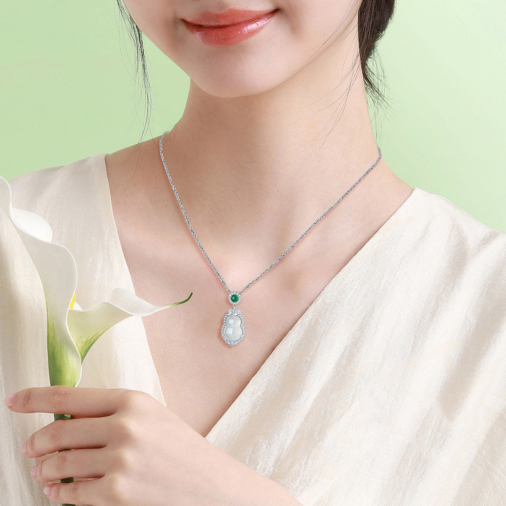 Silver Zircon Chalcedony Ruyi Calabash Gourd Necklace