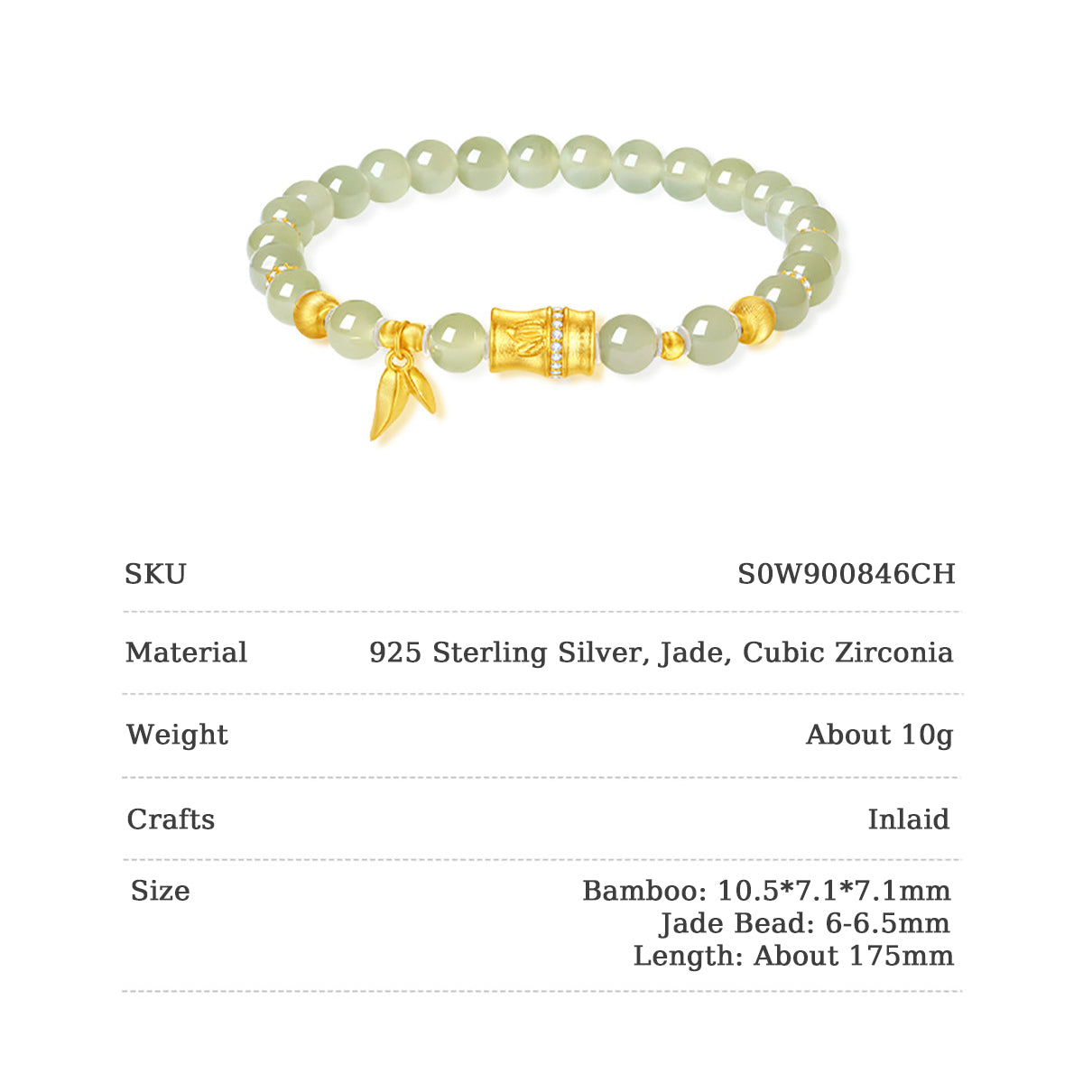 Gold Plated Silver Hetian Jade Bamboo Beaded Bracelet