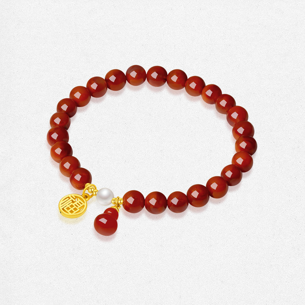 24K Gold Pearl South Red Agate Blessing Beaded Bracelet