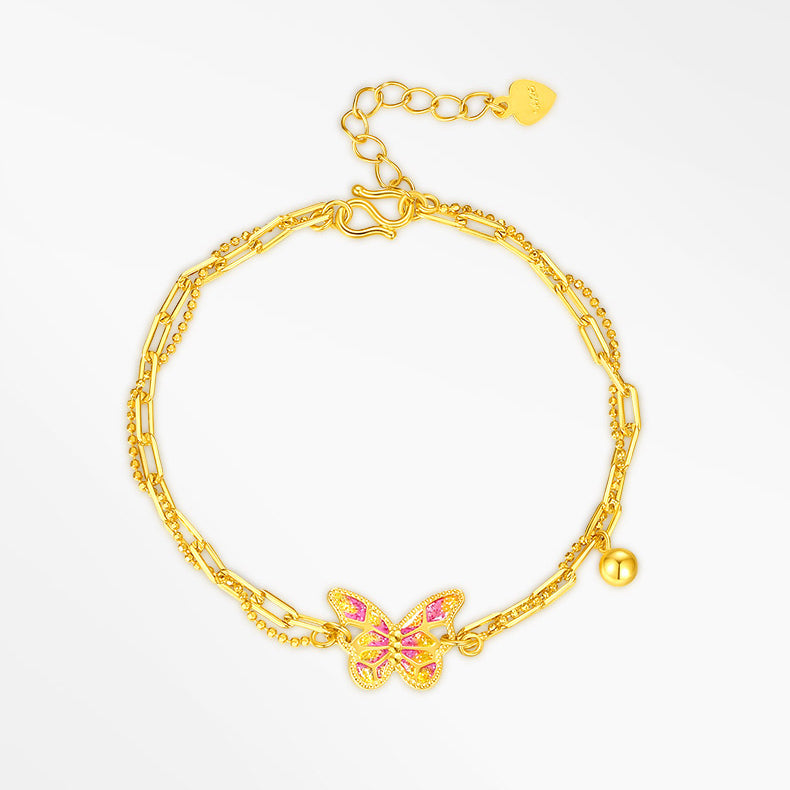 925 Silver Gold Plated Enamel Pink Butterfly Bracelet