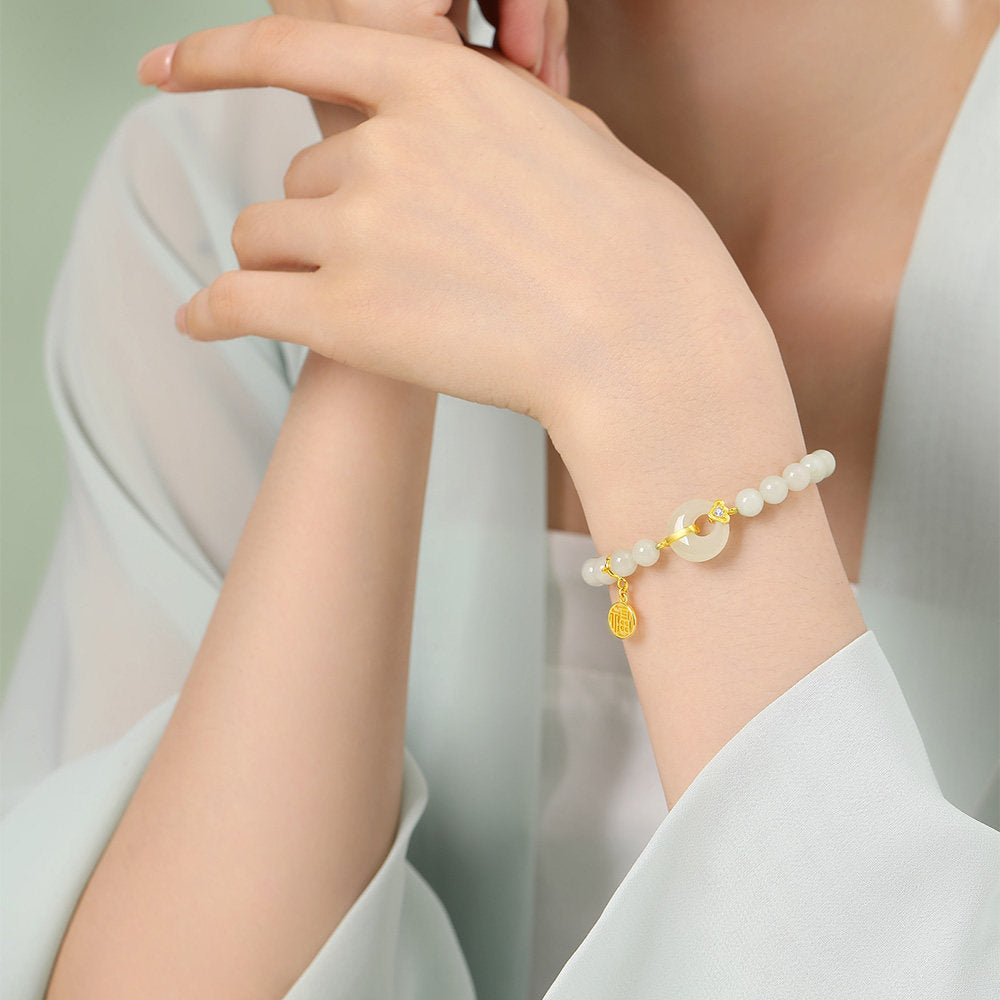 [Pre-sale] Gold Plated Silver Hetian Jade Ping An Buckle Bead Bracelet