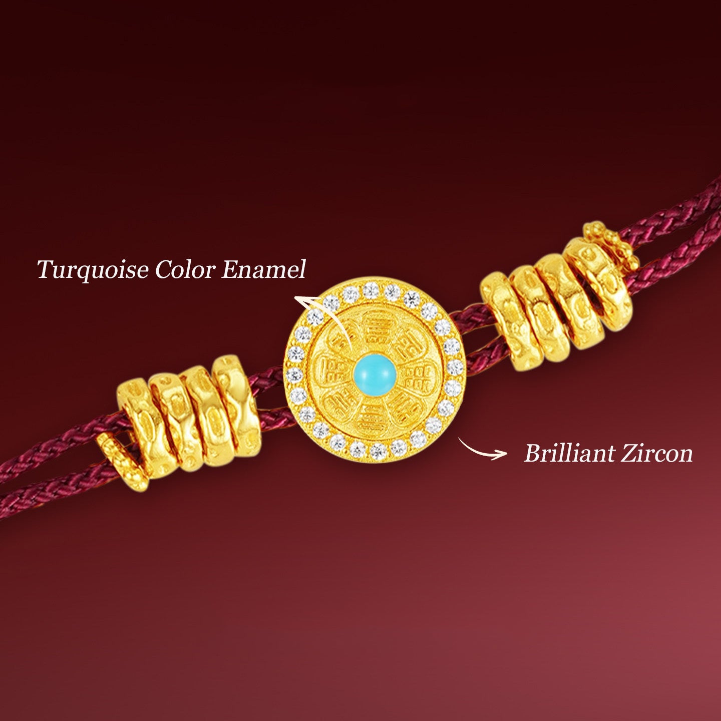 [Pre-sale] Gold Plated Silver Zircon Eight Treasures Compass Red Braided Bracelet