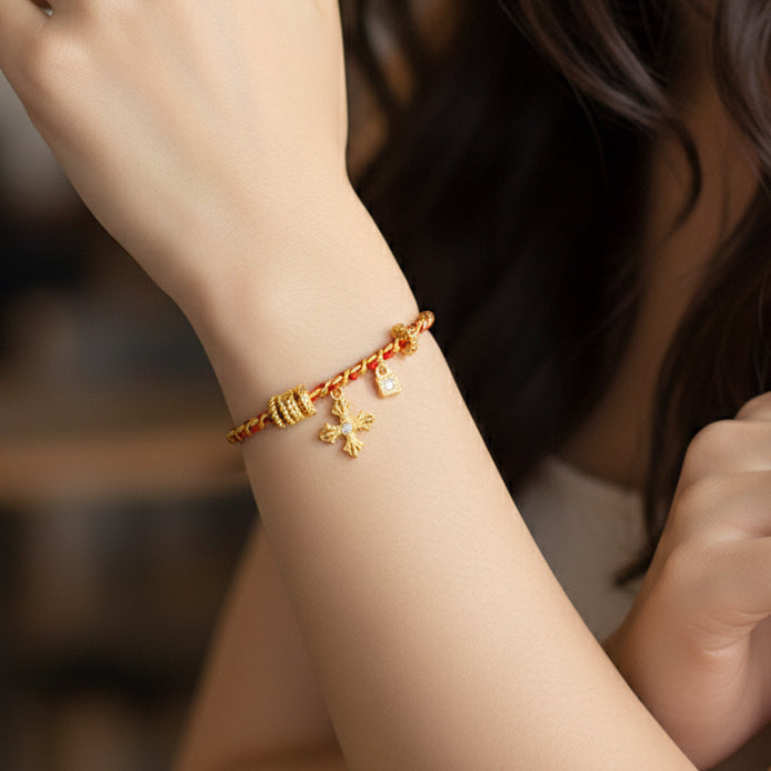 Silver Zircon Cross Guard Vajra Red String Bracelet