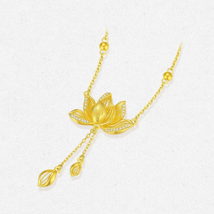 Twelve Flower Gods Series 24K Gold Diamond Lotus Tassel Necklace