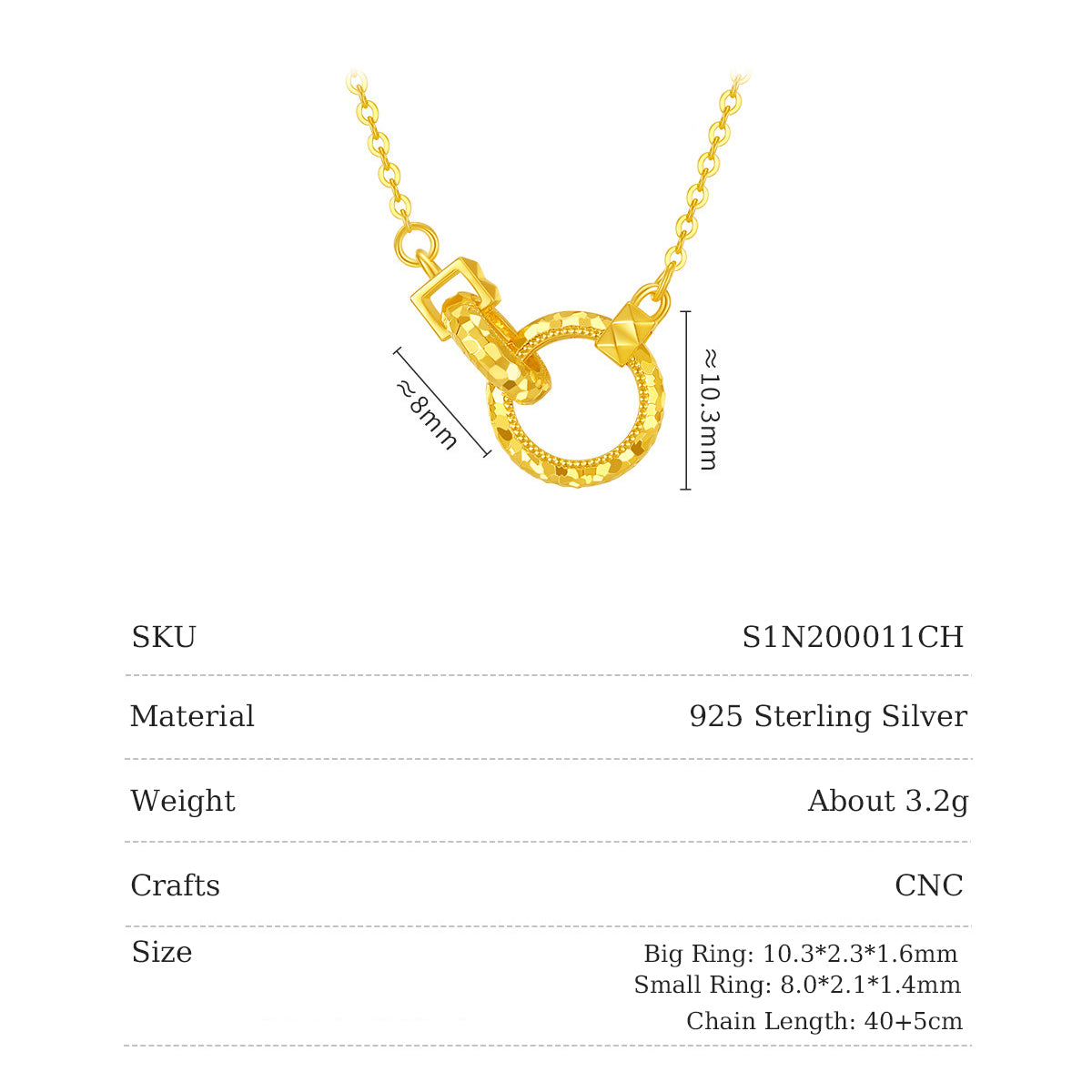 Interlocking silver necklace size chart with 10.3mm and 8mm rings, 40+5cm chain and SKU S1N200011CH