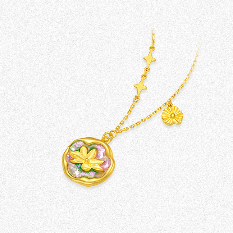 Monet Garden Series 24K Gold Enamel Colorful Water Lily Lotus Leaf Necklace