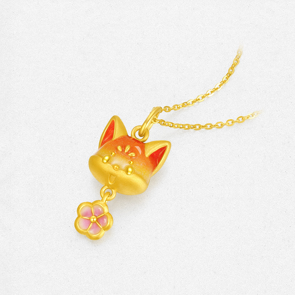 First Series 24K Gold Luminous Enamel Peach Blossom Fox Necklace Pendant