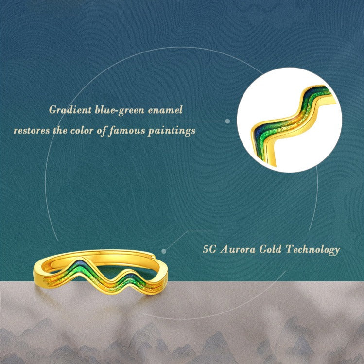 A Grand Panorama of Rivers and Mountains Series 24K Gold Enamel Green Mountain Ring