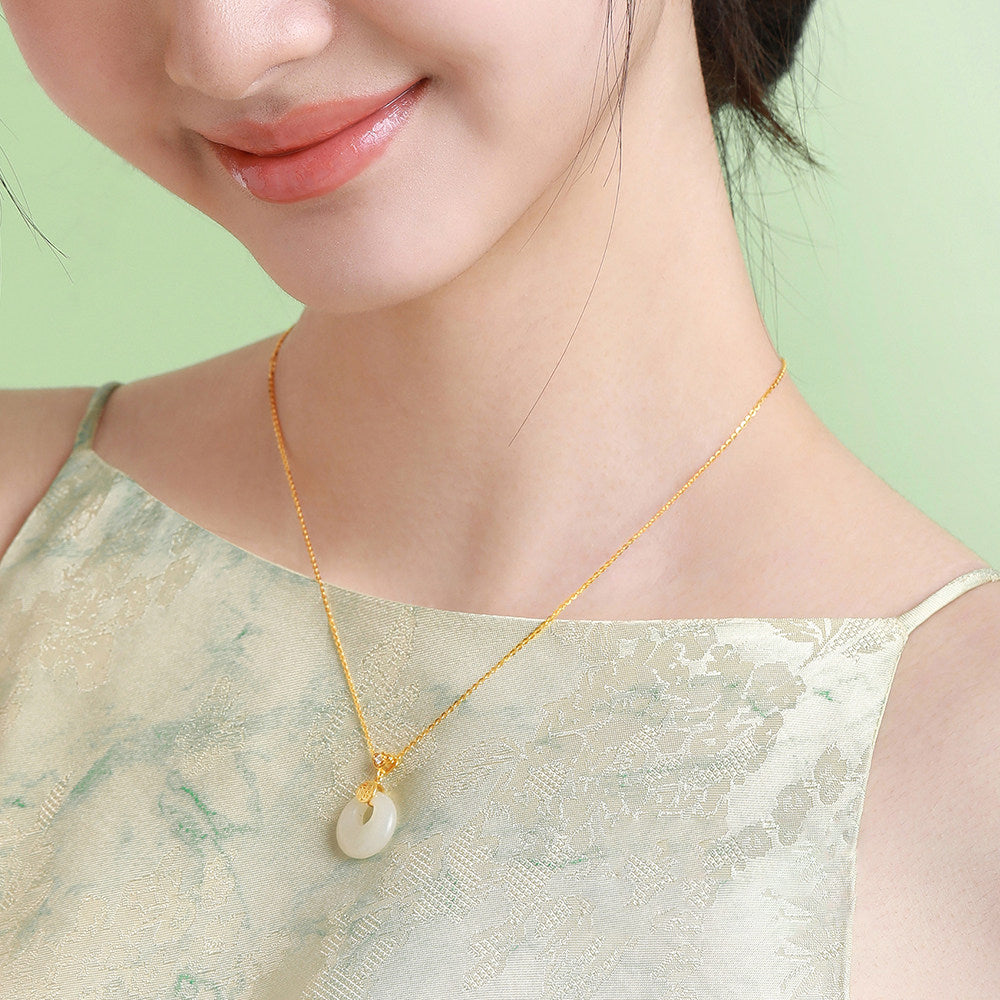 Gold Plated Silver Hetian Jade Blessing Ping An Buckle Necklace