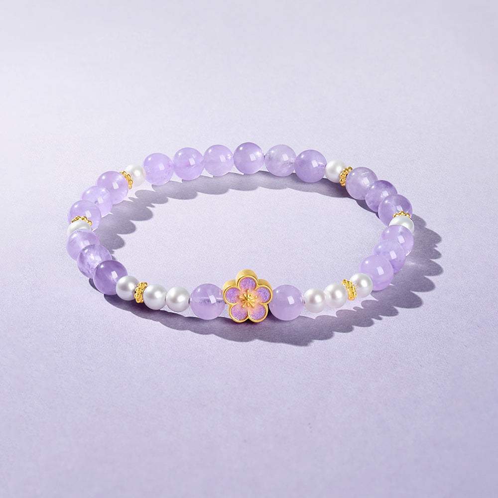 Monet Garden Series 24K Gold Amethyst Peach Blossom Beaded Bracelet