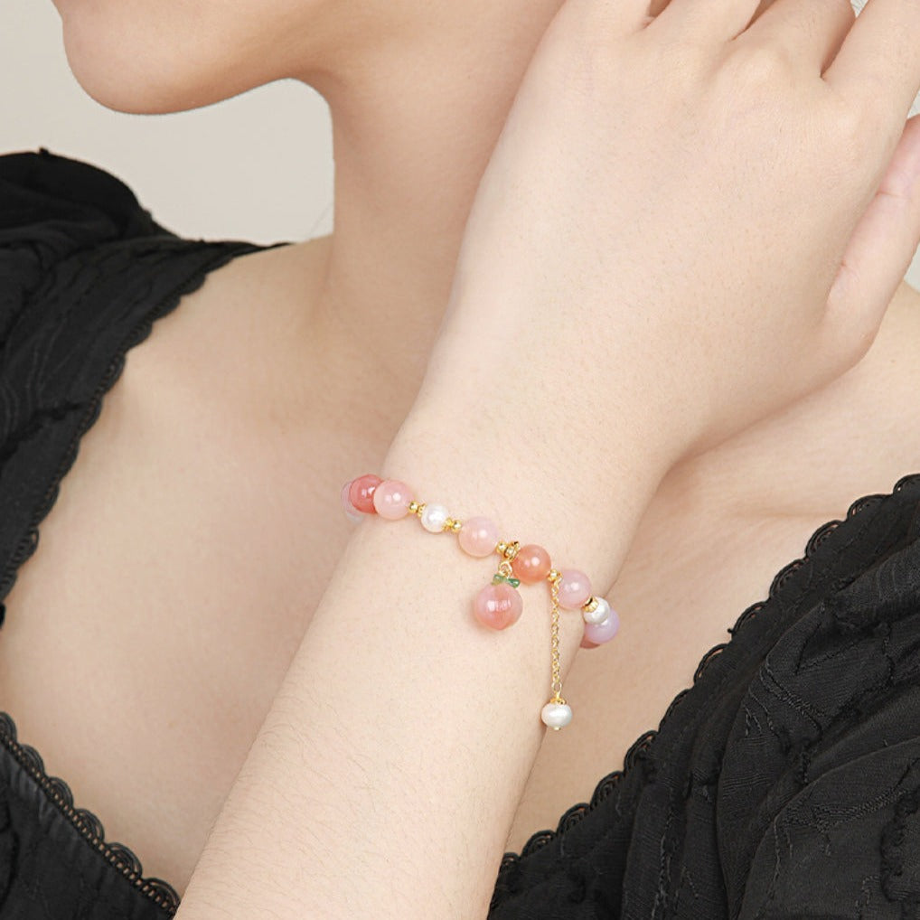 925 Silver Pearl Agate Pink Peach Beaded Bracelet