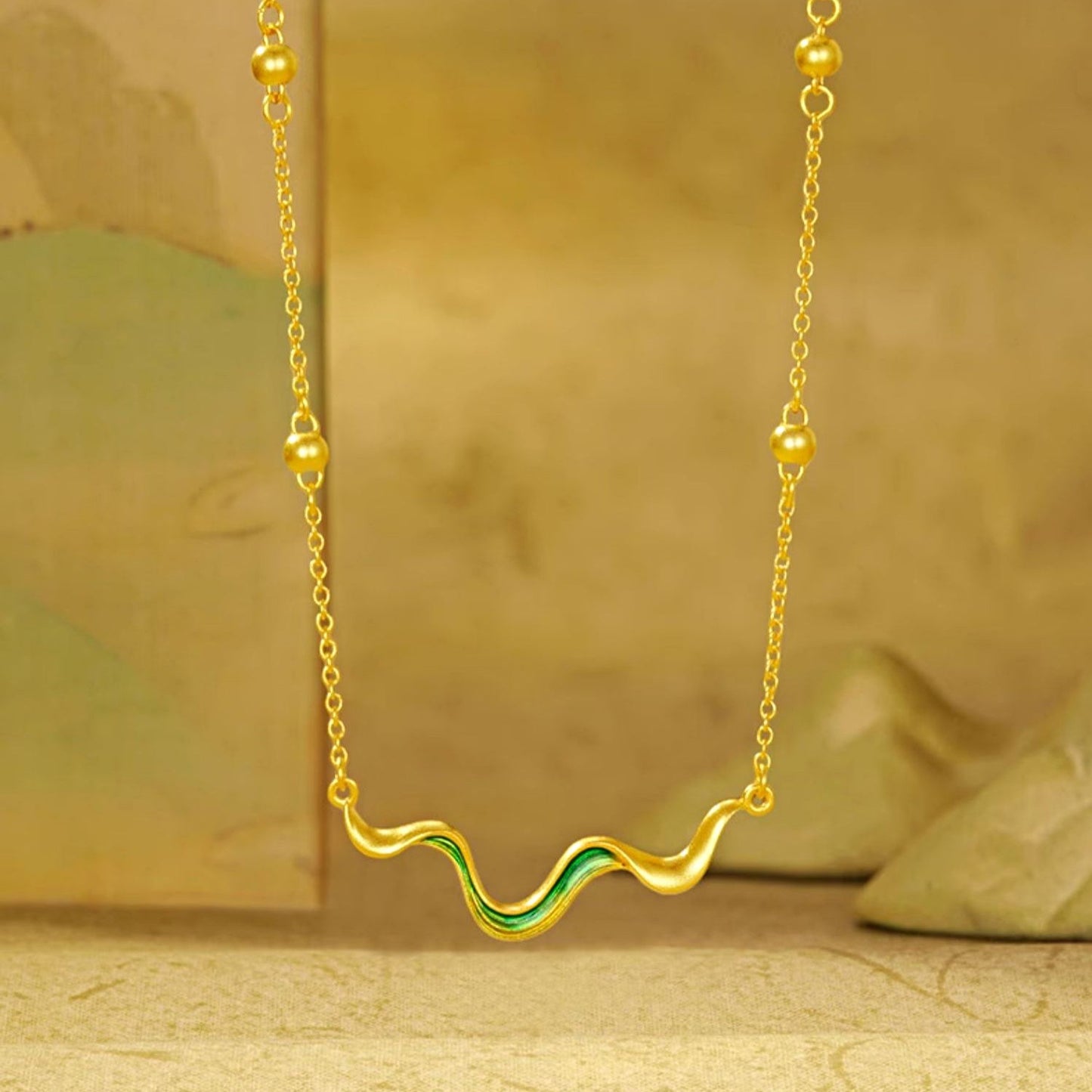 A Grand Panorama of Rivers and Mountains Series 24K Gold Enamel Green Mountain Necklace