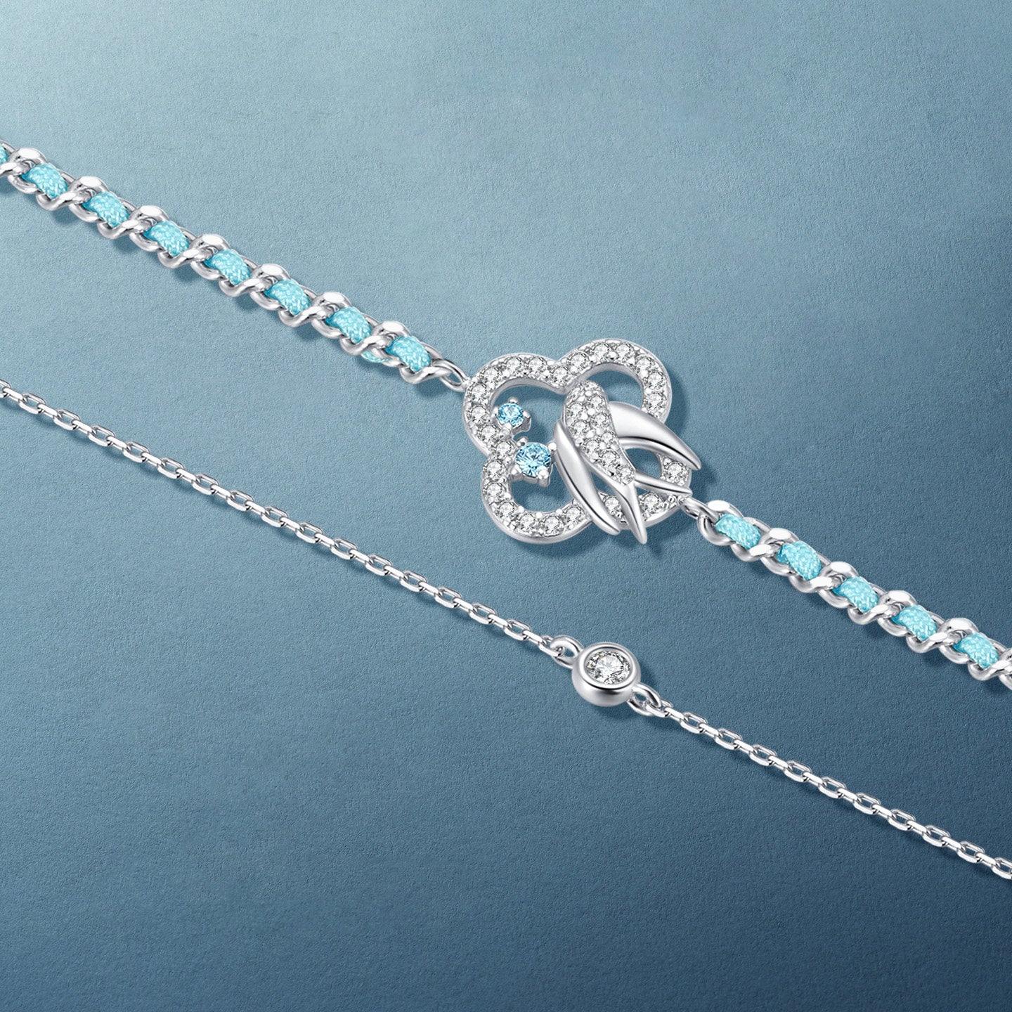 [Pre-sale] Silver Zircon Swallow Clover Double-layer Bracelet