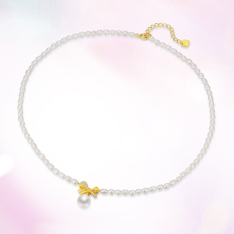 S925 Silver Pearl Golden Bow Knot Choker Necklace