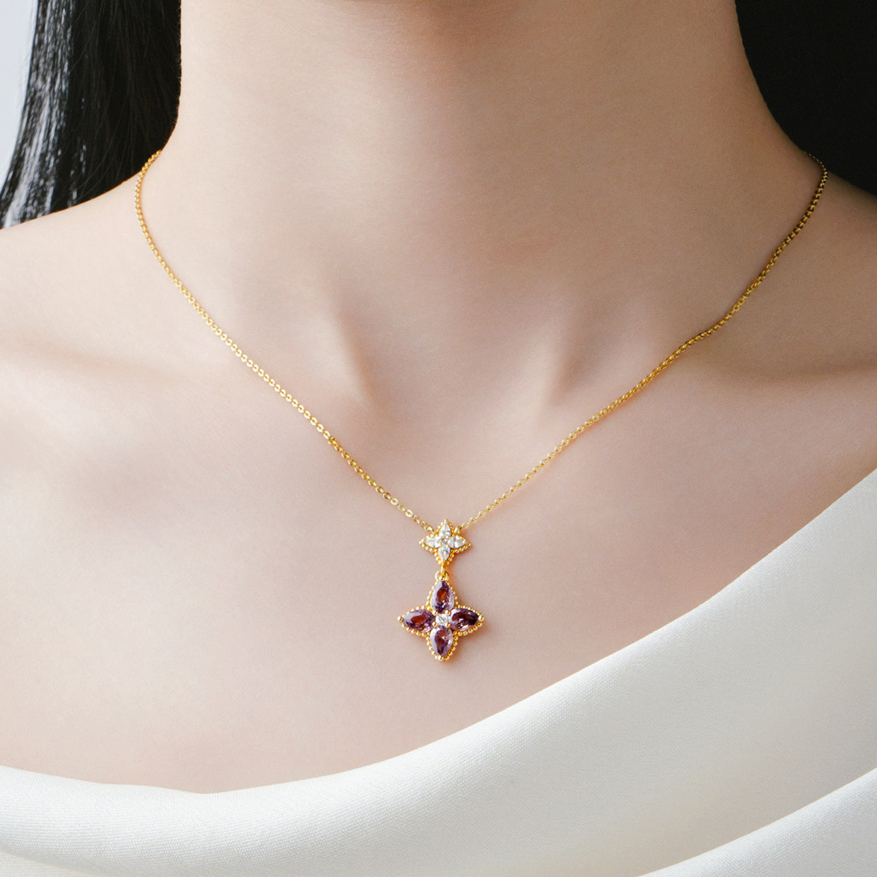 Gold Plated Silver Zircon Purple Lucky Clover Jewelry Set - Necklace & Earrings