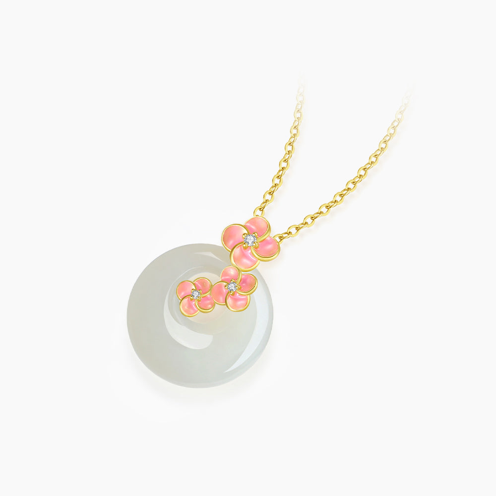 Silver Peach Blossom Hetian Jade Ping An Buckle Necklace